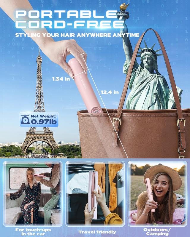 2-in-1 Cordless Hair Straightener and Curler - Portable USB Rechargeable with 40 Minutes Battery Life and 4 Hours Charging Time - 2024 Travel Essential